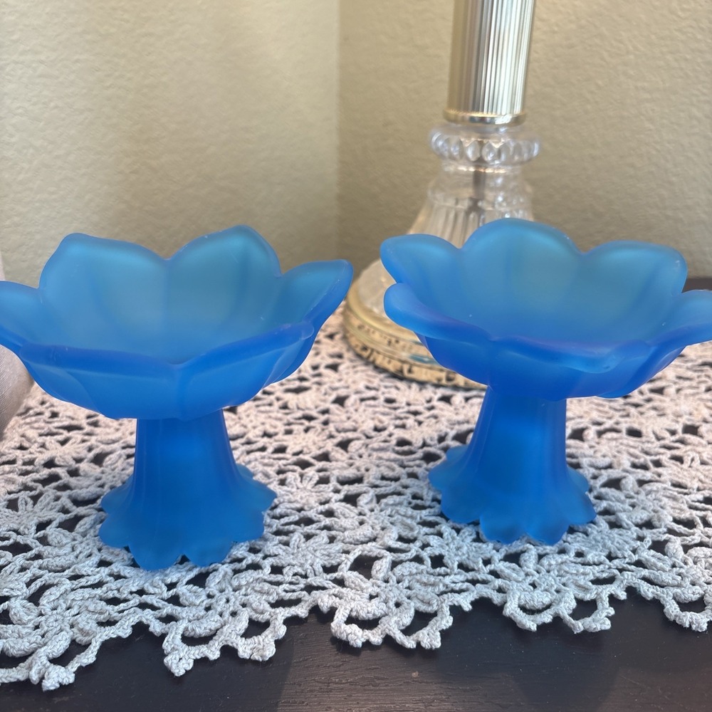2 Vintage Westmoreland Glass Candle Holders Lotus Reversible Blue Satin Frosted